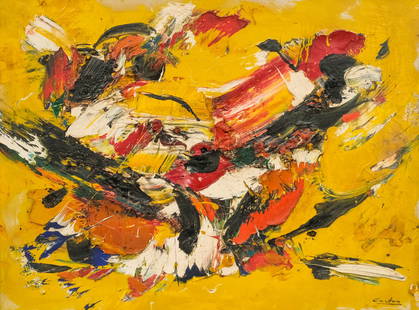 Norman Carton, Abstract Composition: Norman Carton (American, 1908-1980), oil on canvas depicting an abstract composition in thick strokes of red, green, white, black, blue and ochre paints, against a yellow ground, signed l.r., 30" x 40