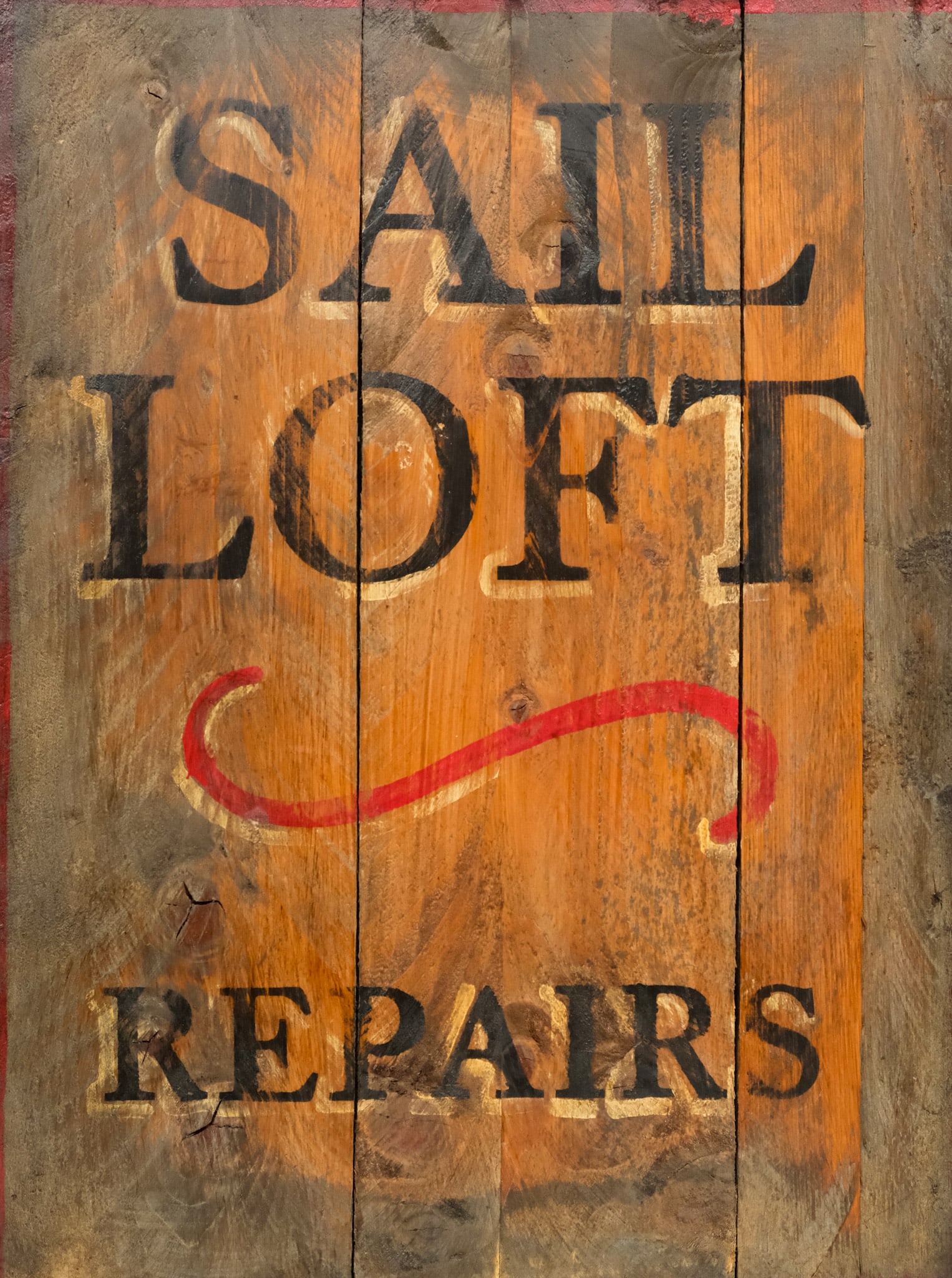 "Sail Loft - Repairs" Sign: Early 20th century hand-painted sign for "Sail Loft - Repairs" on wooden panels, 26 1/2" x 19 3/4" panel, 28 1/4" x 22" framed.