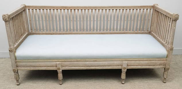 Antique Swedish Gustavian Painted Daybed: Swedish Gustavian style early 20th century daybed, painted gray with upholstered seat, squared corner blocks over tapered, fluted legs, 36" H x 74" W x 26" L.