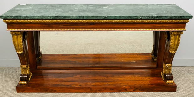 Regency Parcel Gilt Console Table: 19th century Regency veneered, mirror-backed console table with green marble top, heavy gilding, carved legs, and foliate decoration, 37" H x 75" W x 22" L.