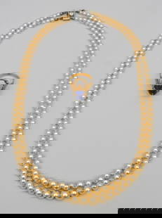 10K & Diamond Strand of Pearls & an Egyptian Ring: The pearls with diamond accent clasp. The ring with lapis scarab, testing at 18K or better. Weight of ring 3.0 dwt.