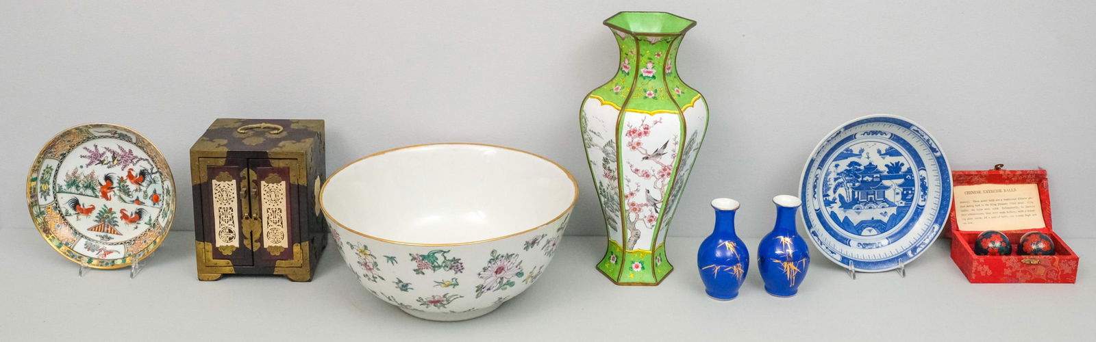 Lot of Asian Antiques & Decorative Objects: Including a jewelry box, Chinese porcelain bowl, enamel vase, and more. Height of enamel vase 13".