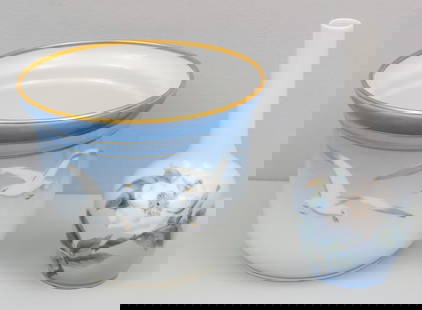 Bing & Grondahl Porcelain Articles: Comprising a large seagull cache pot and a vase with flowers and butterflies. Marked as shown. Vase 7 3/4".