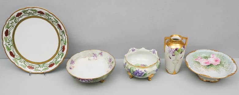 Lot of Pickard, Limoges, & Noritake Porcelain: Comprising a Hand Painted vase by Pickard, a Nippon bowl, and 3 pieces of Limoges. Vase 7".