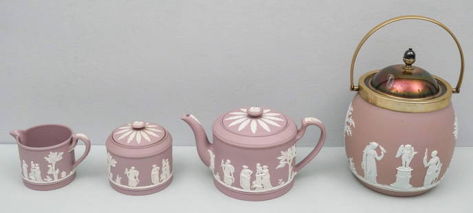Group Antique Wedgwood Lilac Jasperware Porcelain: Comprising a three-piece tea set and an ice bucket with silverplate mounts. Marked as shown. Ice bucket 8 1/2" to top of handle.