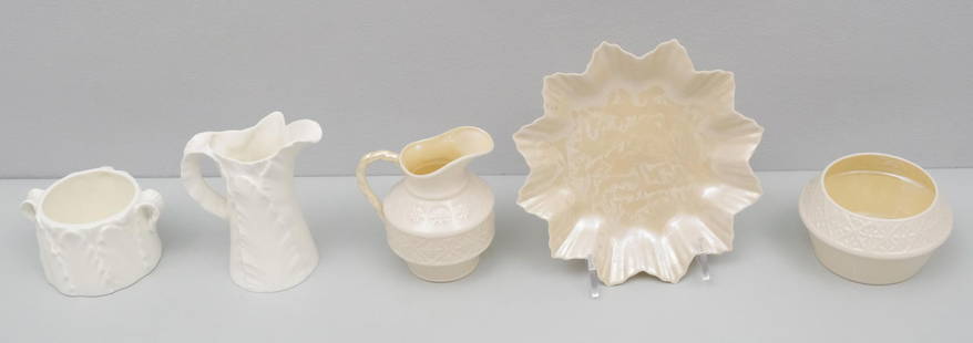 Lot of Belleek & Royal Worcester Porcelain: Comprising a foliate form sugar and creamer by Royal Worcester. Together with a sugar and creamer and a star-shaped dish by Belleek. Dish 6 1/4" diameter.