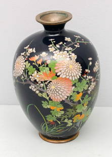 Antique Japanese Cloisonne Vase: Dark blue field with silver wire work of chrysanthemums. 5 3/4".