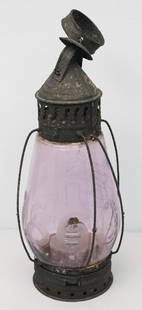 Antique Oil Lantern 1860 Presidential Election: Purpled magnesium glass lantern with etched image of a log cabin and "1860", thought to be a campaign piece from the 1860 election of Abraham Lincoln. 12" tall to top of ring