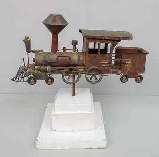 American Folk Art Copper Train Weathervane: American, antique folk art copper weathervane in the form of a locomotive, mounted on a stepped white wooden base, 21 1/2" H x 22 1/2" W x 11 3/4" L.