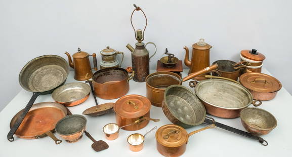 Lot of Mostly Copper Antique Cookware: Including coffee grinders, pots, spoons, and more. See images.