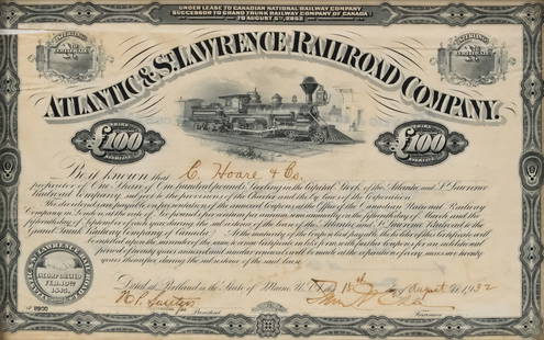 Atlantic & St. Lawrence Railroad Company Stock: One 1932 Atlantic & St. Lawrence Railroad Company stock certificate, signed, 7 1/4" x 11" sight size, 8 1/2" x 12 1/2" framed.