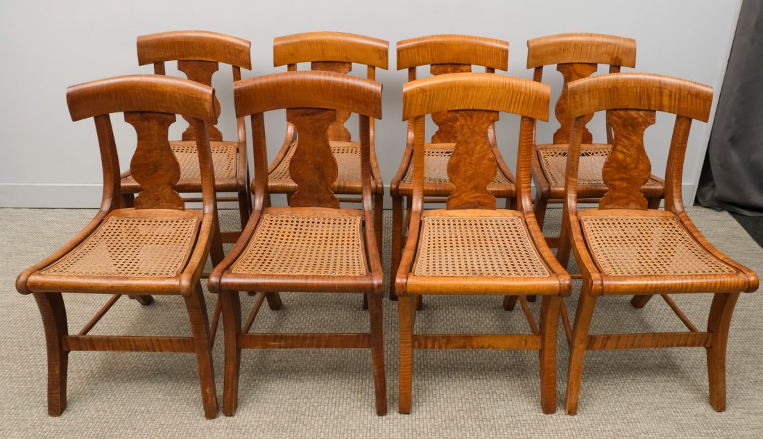 Set of Eight Tiger Maple Dining Chairs (1 of 16)