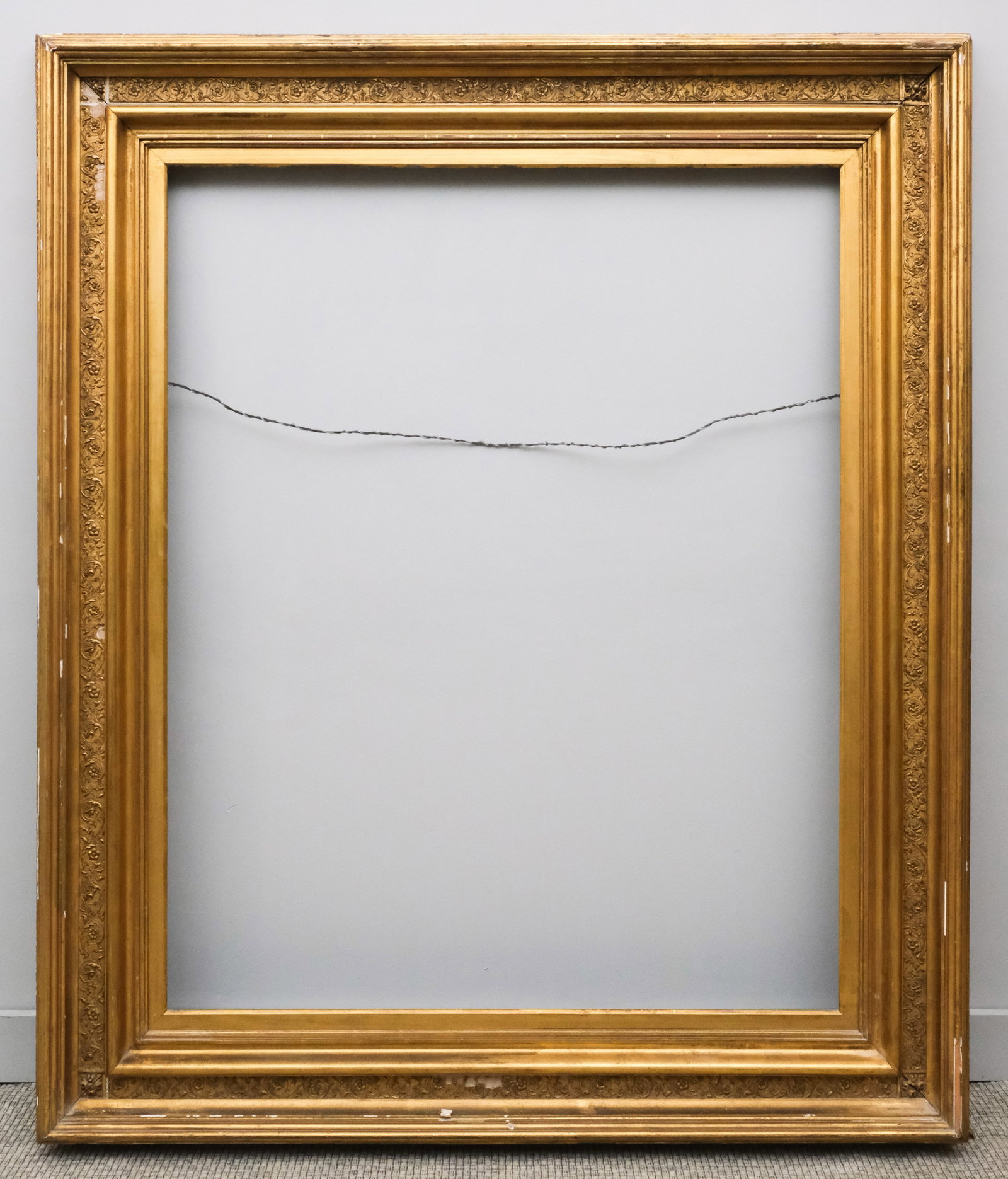 Hudson River School Gifford Frame 40" x 50": American circa 1860, brightly gilded having decorated panel liner of the style favored by Sanford Gifford, in a great standard size. Overall 55" x 65", Rabbet 40" x 50", Molding 7 3/4".