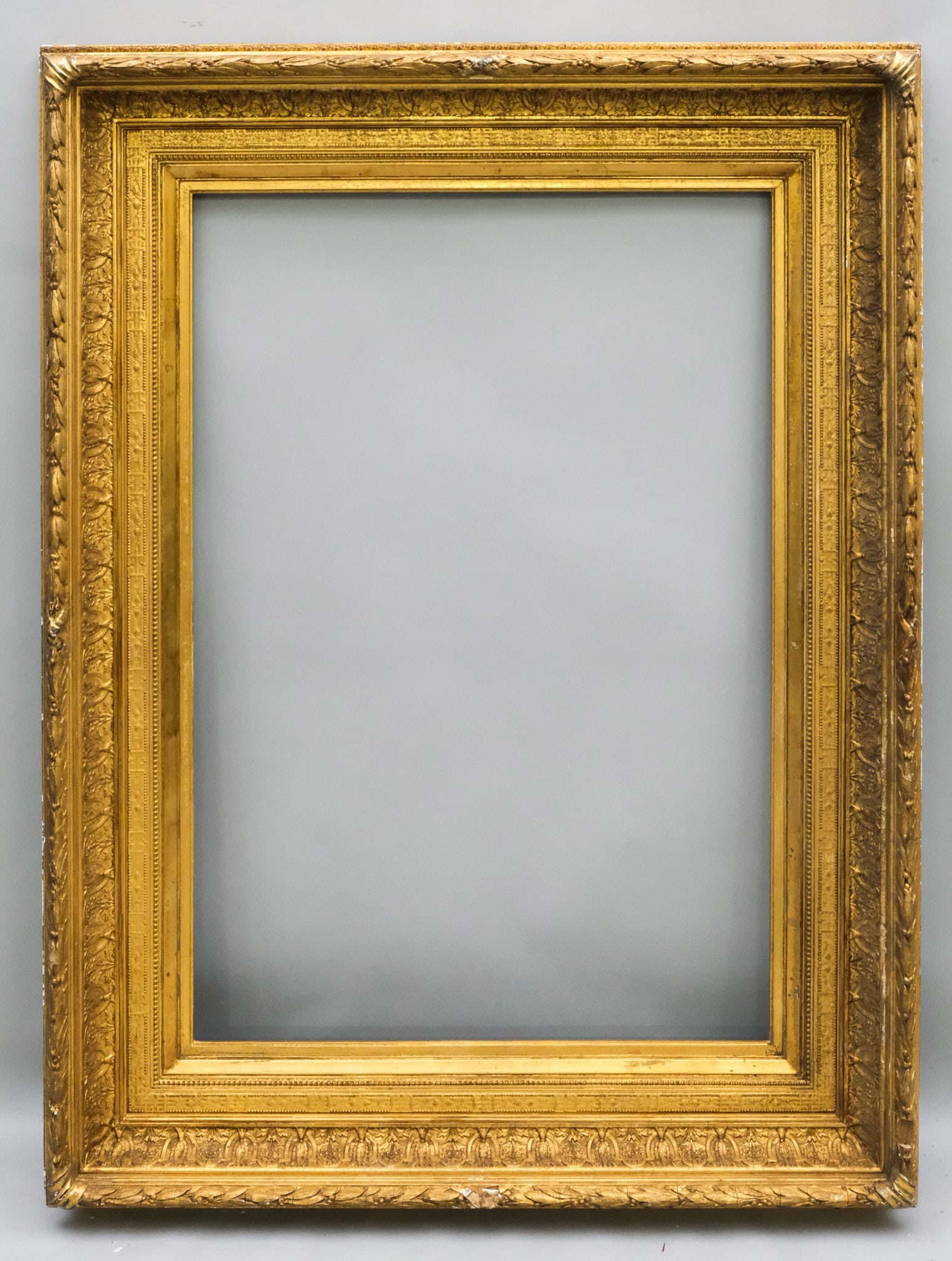 American Hudson River School Gilt Frame 27" x 40": American, ca. 1870, having acanthus cove and decorated panel liner. Overall 40 1/2" x 53", Rabbet 27" x 40", Molding 7".