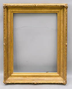 American Quilted Cove Frame 23" x 31": American, 20th century, finely wrought custom quilted cove frame in the Hudson River school style favored by Jervis McEntee. Overall 31 1/2" x 39 3/4", Rabbet 23" x 31", Molding 5".