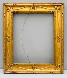 Arts & Crafts Gilt Frame 16 1/4" x 20 1/4": American, ca. 1910, likely by Foster Bros., nicely carved and gilded cassetta with volutes in corners similar to Stanford White designs. Overall 23 1/4" x 27", Rabbet 16 1/4" x 20 1/4", Molding 4".