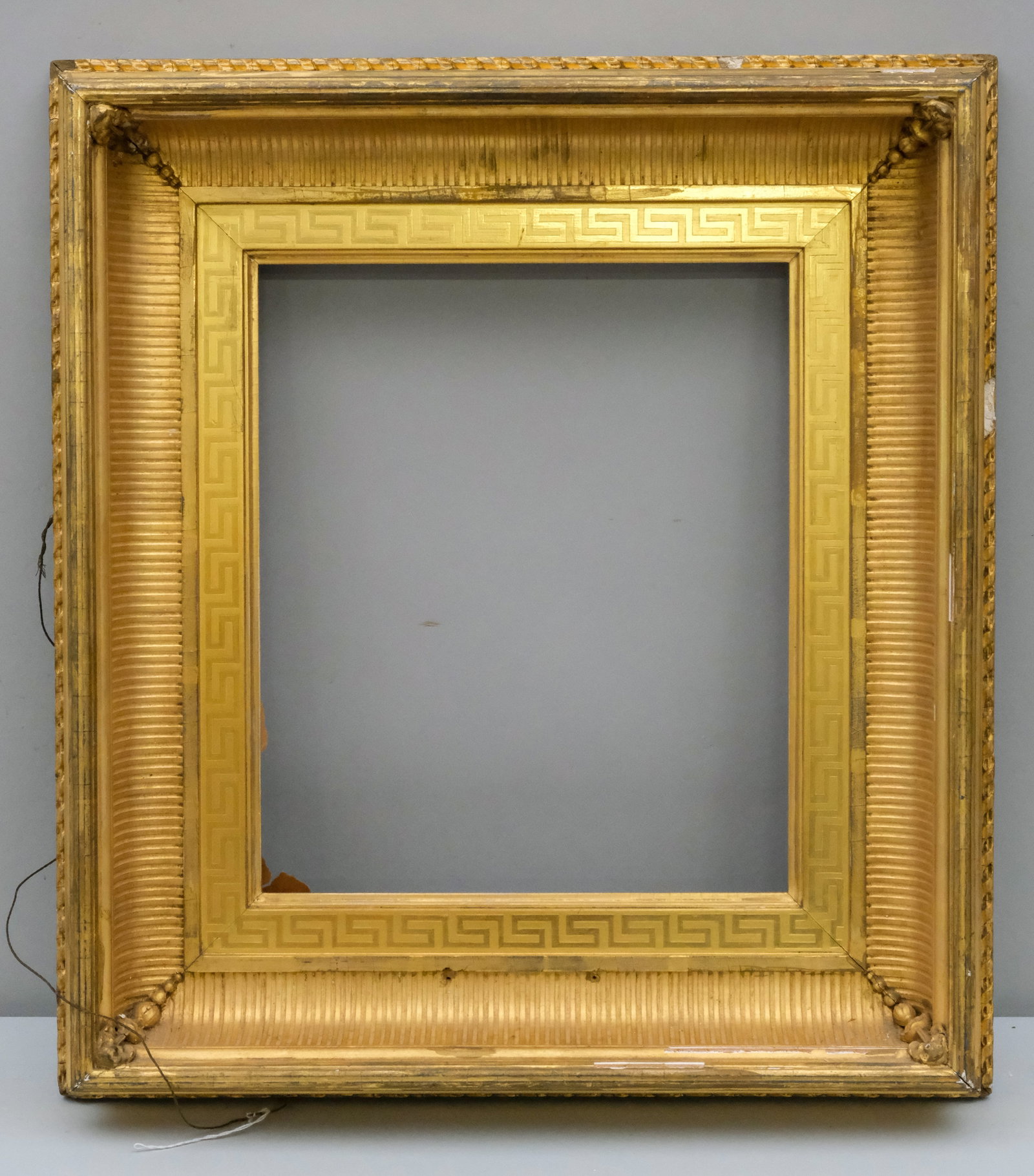 Hudson River School Gilt Frame 13" x 15 1/2": American, ca. 1860, having brightly gilded fluted cove with reeded top edge and Greek key incised liner. Overall 22 1/2" x 25", Rabbet 13" x 15 1/2", Molding 5".