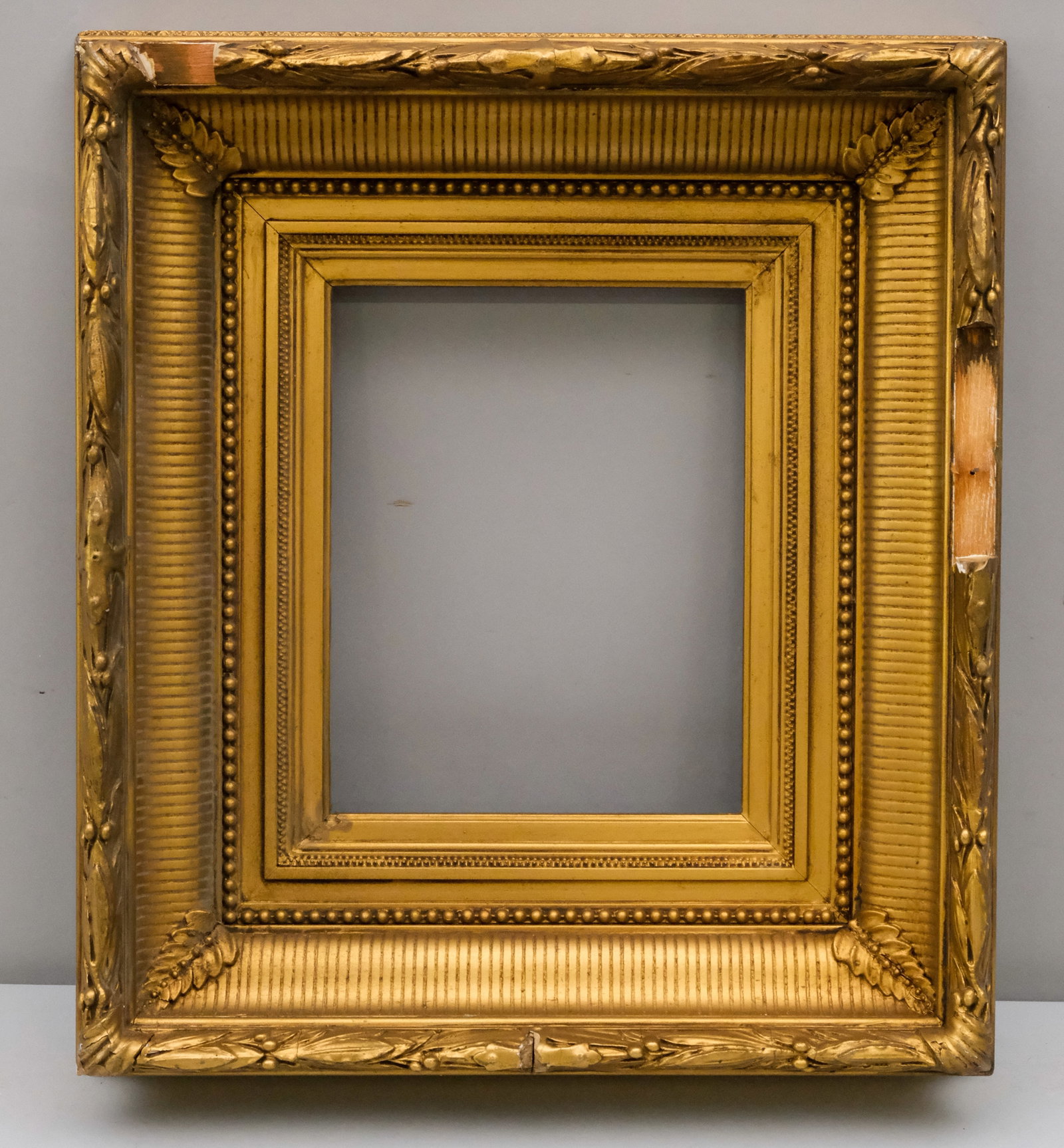 Hudson River School Gilt Frame 9" x 11": American, ca. 1860, having fluted cove and laurel and berry top edge. Overall 18" x 20 1/4", Rabbet 9" x 11", Molding 5".