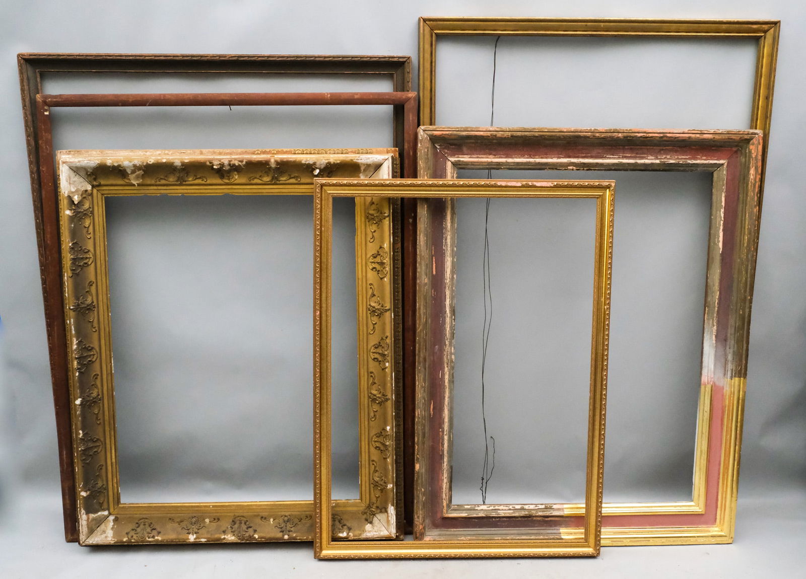 Group of 6 Frames: Smallest Overall 33 1/4" x 43 1/2", Rabbet 29 1/2" x 40", Molding 2"; largest Overall 40 1/4" x 60 1/2", Rabbet 37" x 57", Molding 2 1/4".