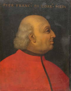 Italian School, Pierfrancesco di Lorenzo de Medici: Italian, 18th century oil on canvas depicting a portrait in profile of Pierfrancesco di Lorenzo de Medicis the Elder in red, 22 1/4" x 18" canvas, 30 1/2" x 25 3/4" framed.