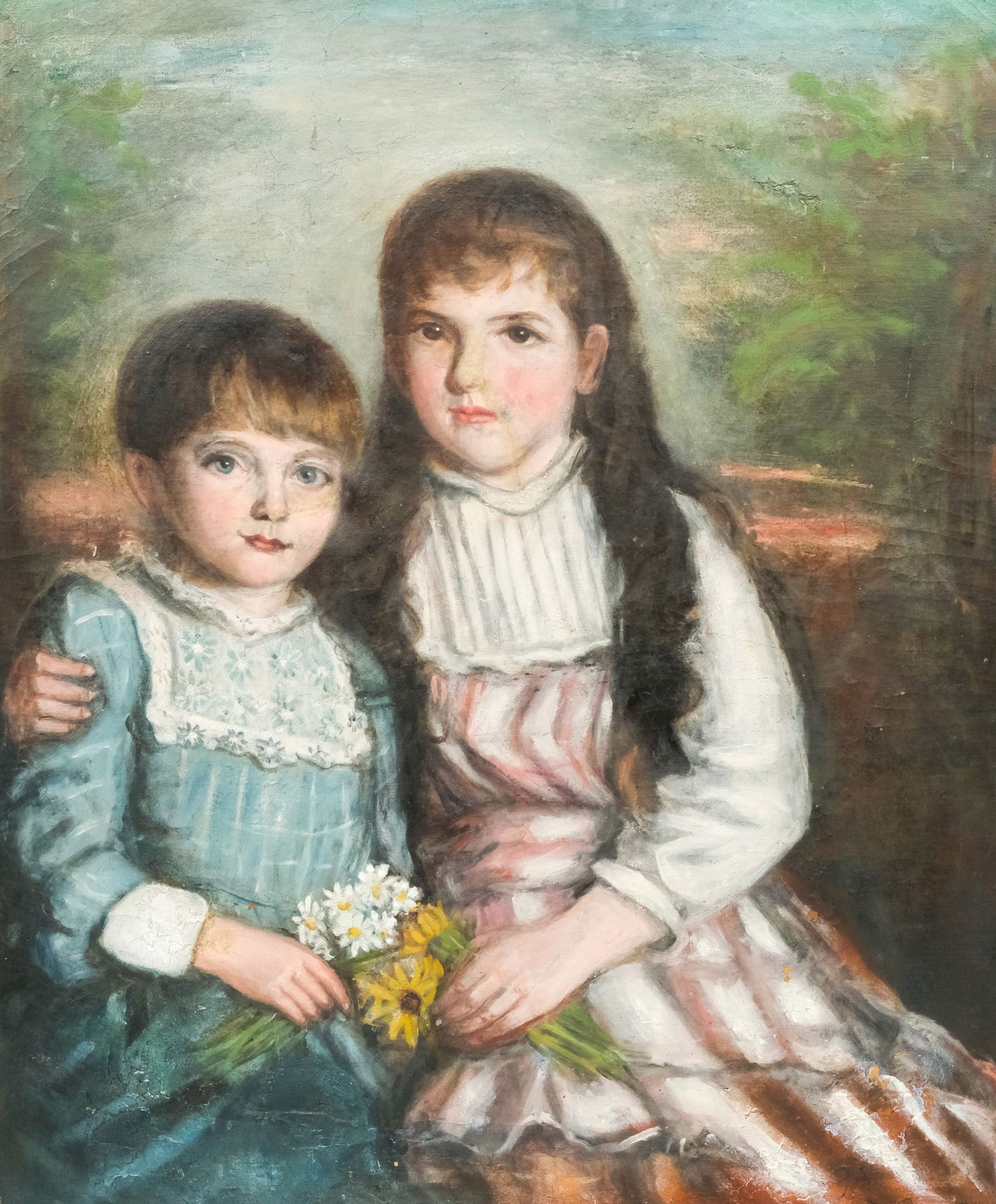 American School, Portrait of Two Girls: American, 19th century oil on canvas depicting two brown-haired children, an older girl with large brown eyes and her arm around the blue-eyed girl next to her, each holding a handful of flowers, 30"