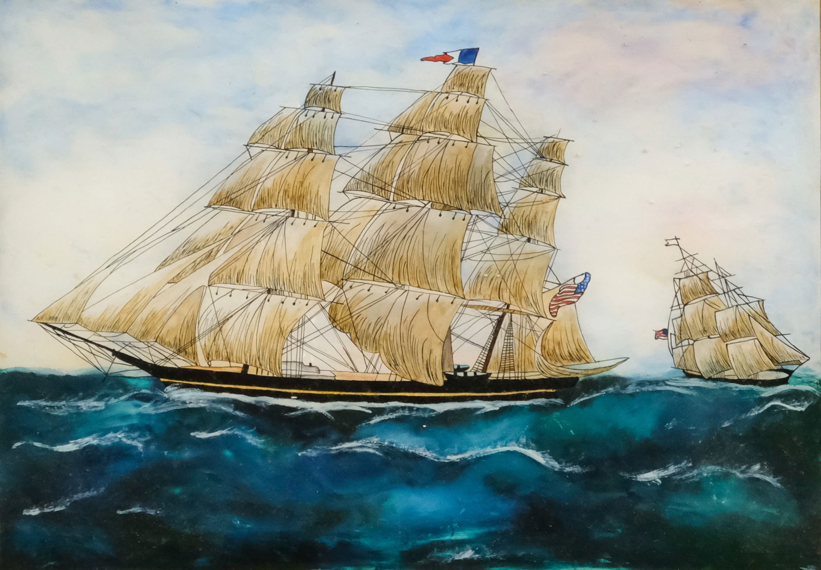 American School, Reverse Painted Glass Ship (1 of 5)