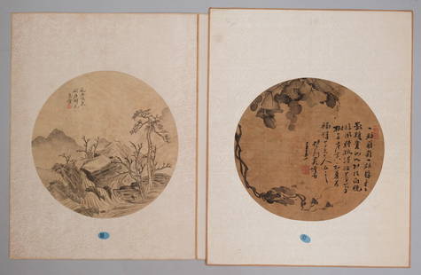 Chinese School, Paintings on Silk: Chinese, 19th century ink on silk circles, one depicting a rocky spring and a distant mountain range, calligraphy toward the top, and one framed by grapes on a vine, calligraphy dominating half the co