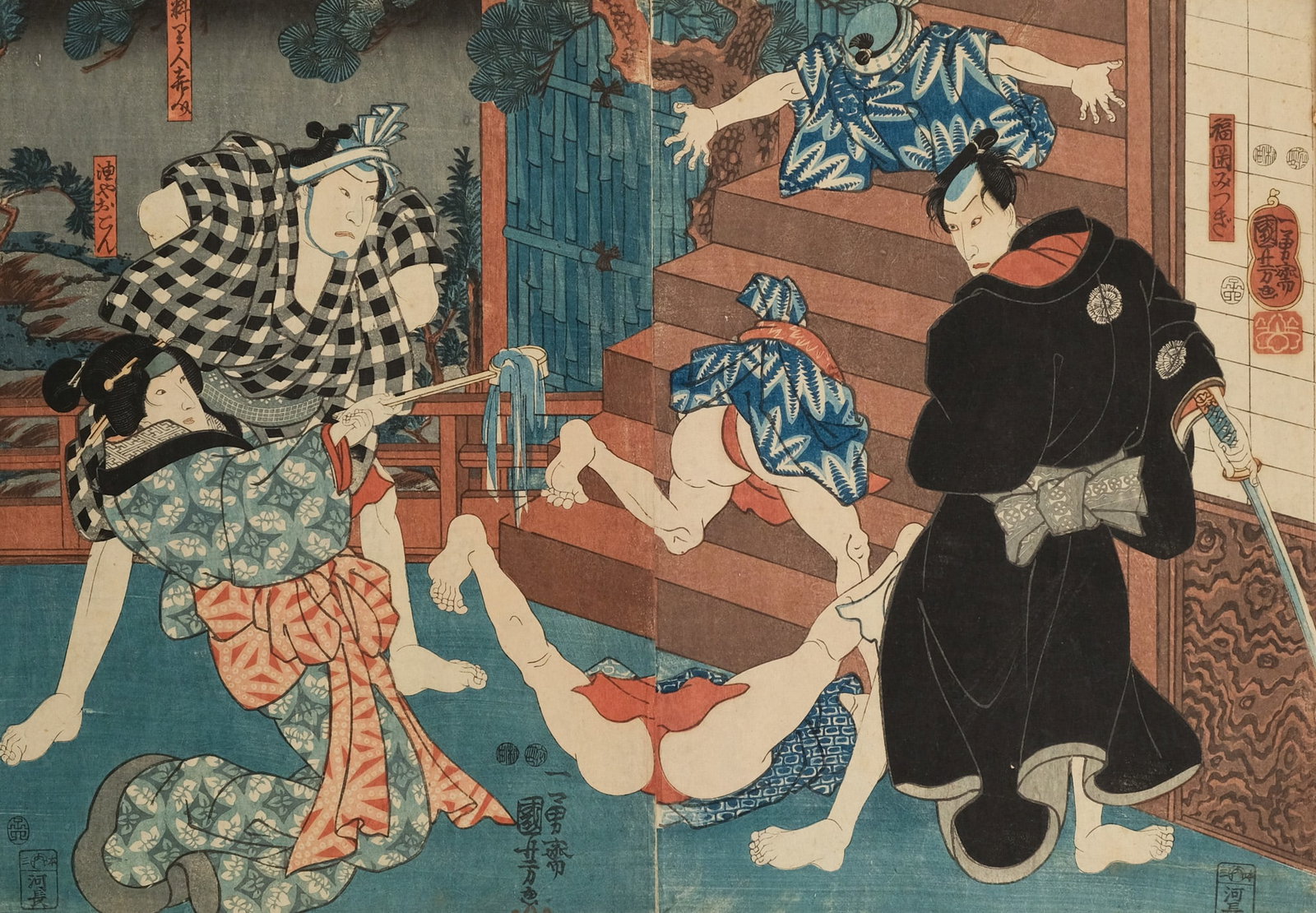 Utagawa Kuniyoshi, An Incident at the Stairs: Utagawa Kuniyoshi (Japanese, 1798-1861), woodblock on paper depicting a chaotic scene of a man cut in half as he ran up the stairs, a furious man in black holding the blade, while a geisha pours water