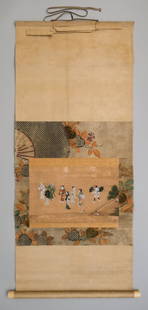 Japanese School, Genroku Era Kakejiku: Japanese, circa 17th century ink and color on paper mounted to a scroll depicting a group of eight villagers about their daily tasks, framed i floral embroidered silk, housed in a wooden box, 9 1/4" x