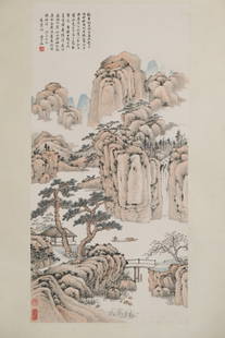 Shen Maishi, Mountain Landscape: Shen Maishi (Chinese, 1891-1986), ink and colors on paper depicting a mountain spring, a lone fisherman floating along the water, 86 1/2" unrolled.