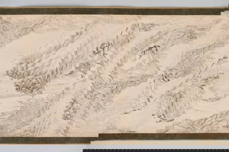 Long Chinese Buddhist Scroll: Chinese, early 20th century ink on silk depicting men on land, sea, and air, 158" x 16" unrolled.