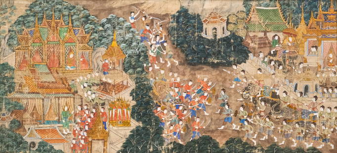 Thai School, Battle Scene: Thai, 19th century watercolor on canvas board depicting two warring armies, 29 1/2" x 64 1/2" sight size, 33 1/2" x 68 1/2" framed.