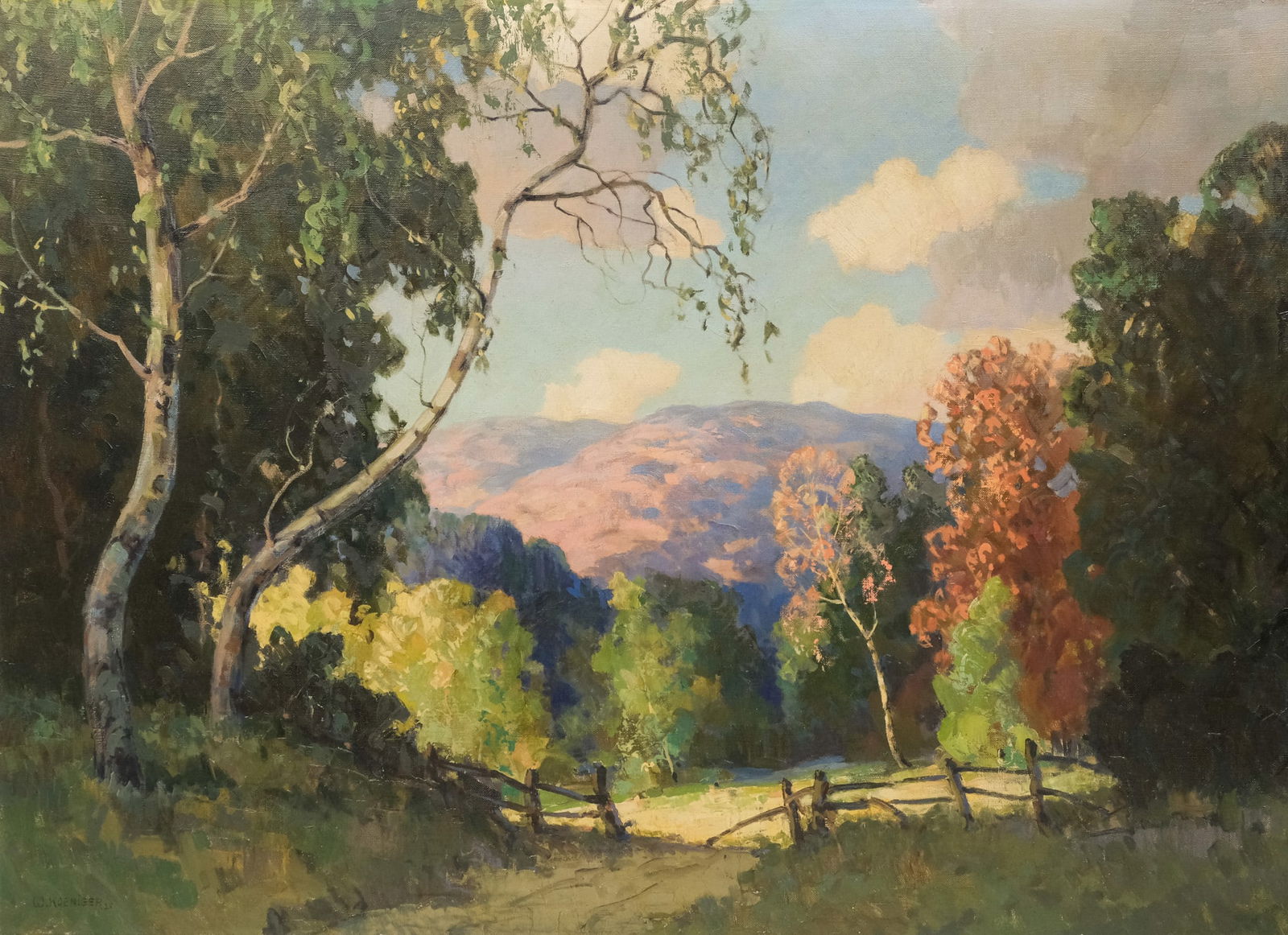 Walter Koeniger, A Lonely Road in Woodstock: Walter Koeniger (American, 1881-1943), oil on canvas depicting an early autumn landscape, a dirt path leading toward the hills, signed l.l., 28" x 39" canvas.