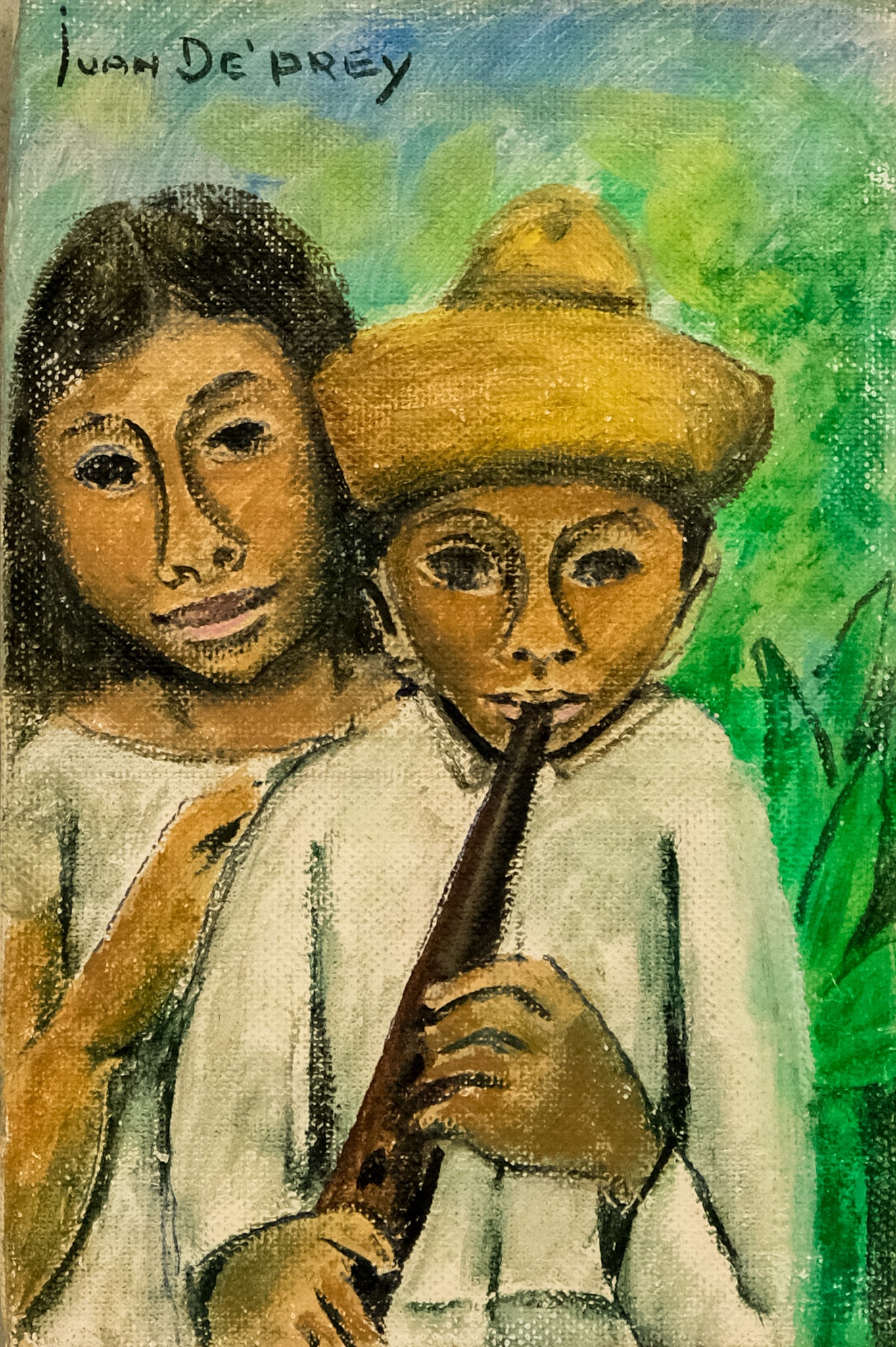 Juan De'Prey, The Flutist: Juan De'Prey (Puerto Rican, 1904-1962), oil on canvas board depicting a young man playing the flute, a woman standing behind him, holding his arm, signed u.l., 6" x 4" board, 13" x 10" framed.