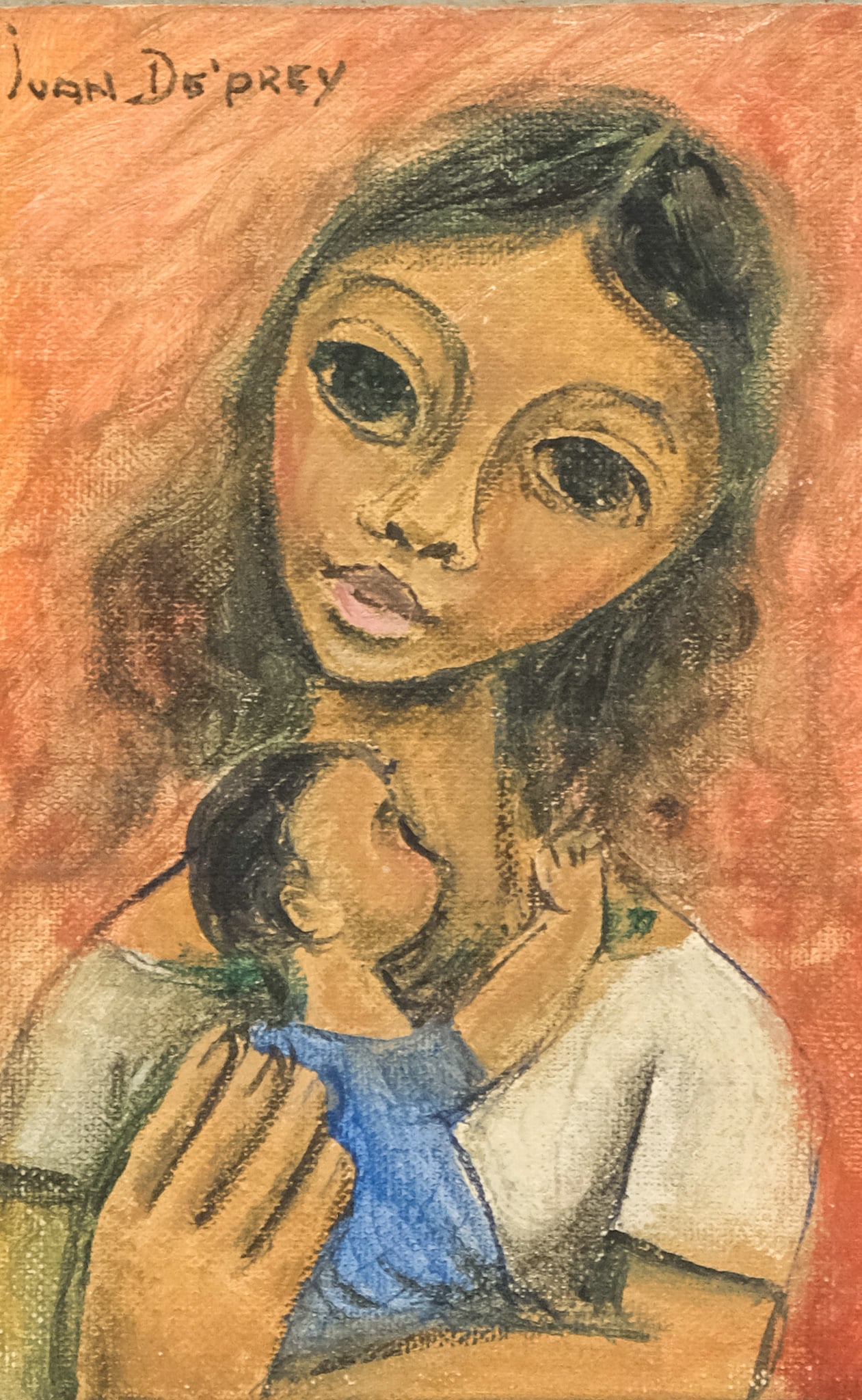Juan De'Prey, Mother and Child: Juan De'Prey (Puerto Rican, 1904-1962), oil on canvas board depicting a young mother holding her infant, signed u.l., 6" x 4" board, 13" x 10" framed.
