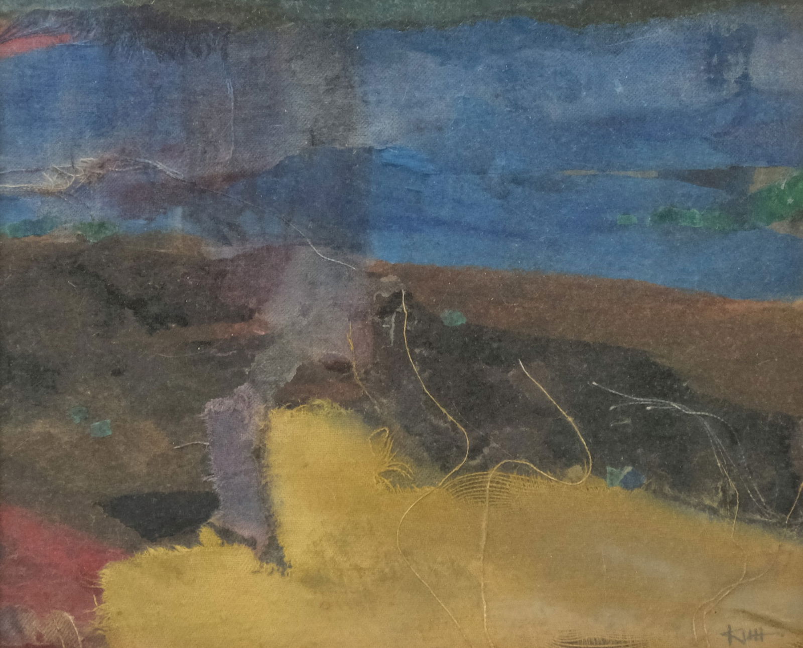 Howard Kuh, Abstract Composition: Howard Kuh (American, born 1920), mixed media on masonite composed of strips of fabric and oil paint, signed l.r., 9" x 11" board, 13 1/2" x 15 1/2" framed.