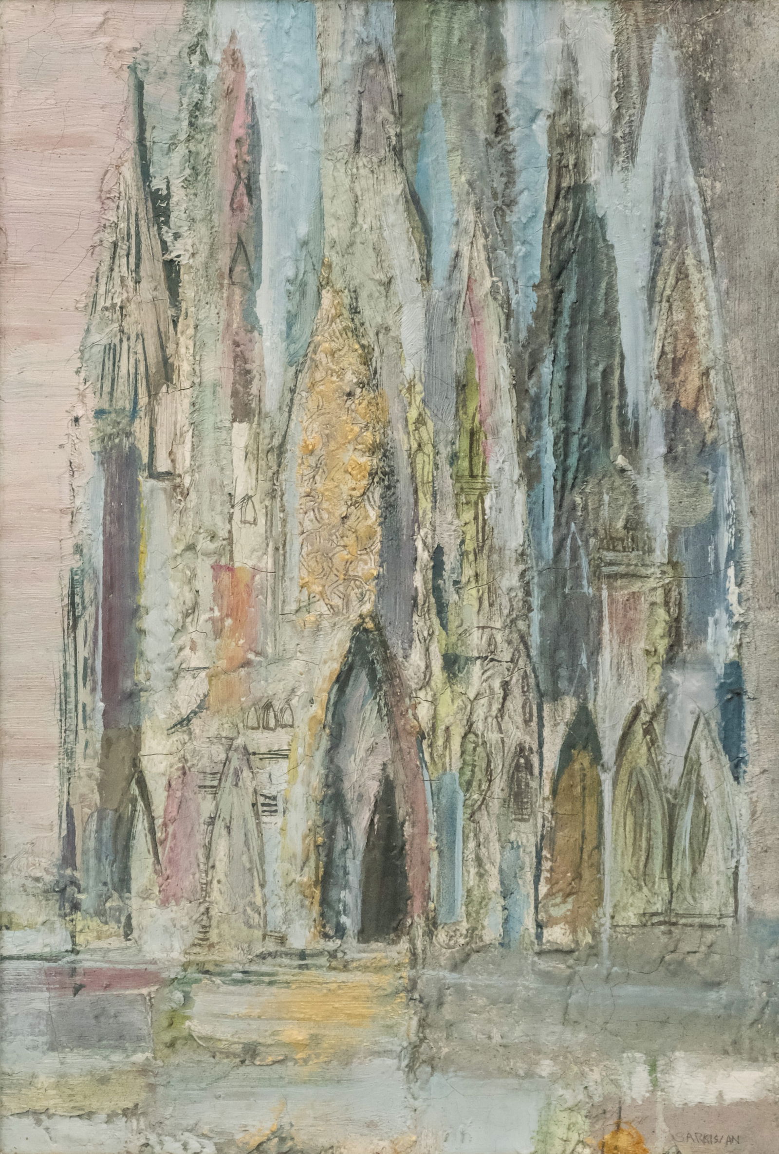 European School, Ornate Cathedral: European, 20th century oil on masonite depicting the pointed arches of an ornate cathedral, signed "Sarkisian" l.r., 21 3/4" x 15" panel, 48 1/4" x 21 1/2" framed.