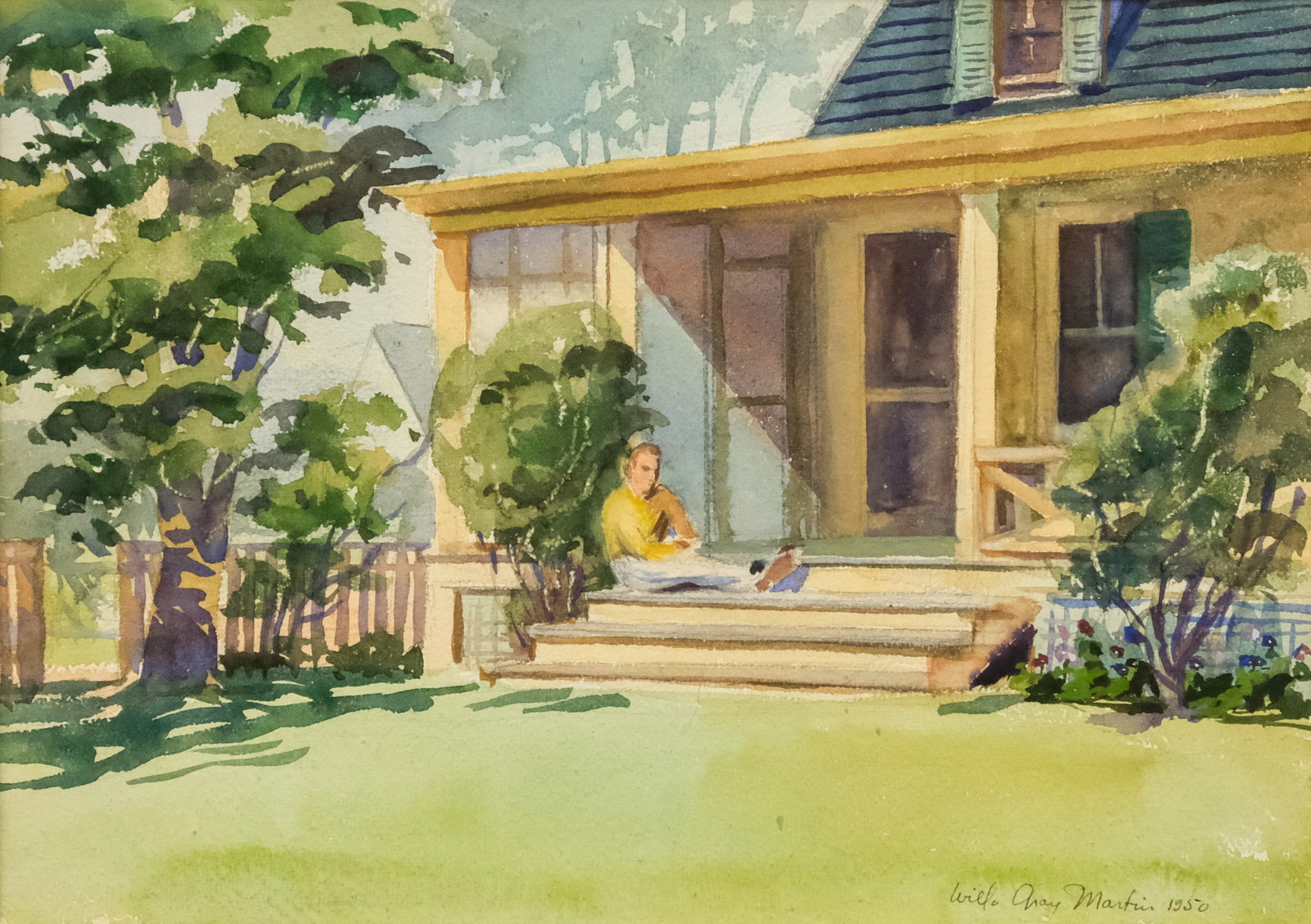 Willa Gray Martin, Man Resting on the Front Steps: Willa Gray Martin (American, 1911-2006), 1950, watercolor on paper depicting a man in a yellow sweater resting on the front steps of a small house, signed and dated l.r., 9 3/4" x 13 3/4" sight size, 