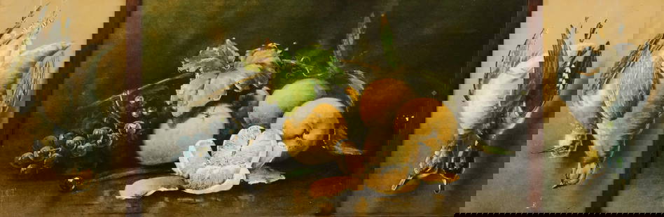 American School, Still Life Triptych: American, 20th century lithograph triptych, the central panel depicting a still life of fruit on a table, and each flanking panel depicting two hanging fowl from the hunt, 18 1/2" x 40" overall.