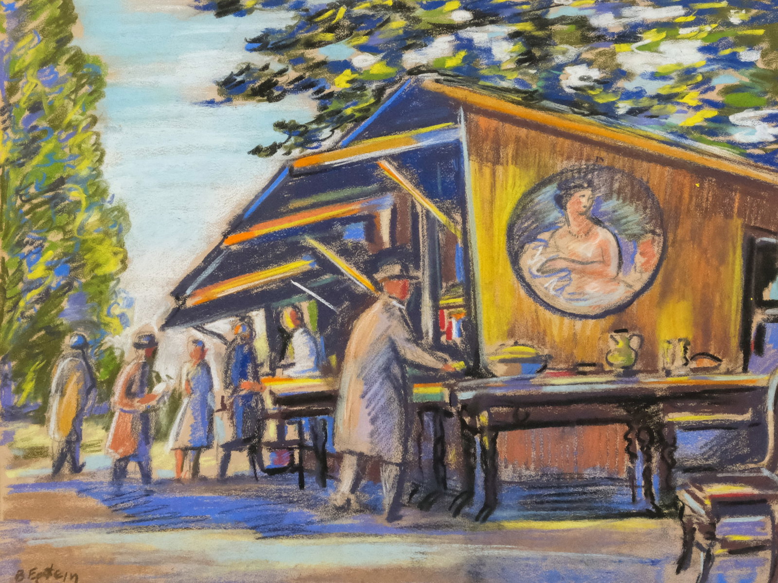 Bernard Epstein, Food Stall: Bernard Epstein (American, 1910-2003), oil pastels on paper depicting people gathered outside a food stall, signed l.l., 13" x 17 1/4" sight size, 21 1/4" x 25 1/4" framed.