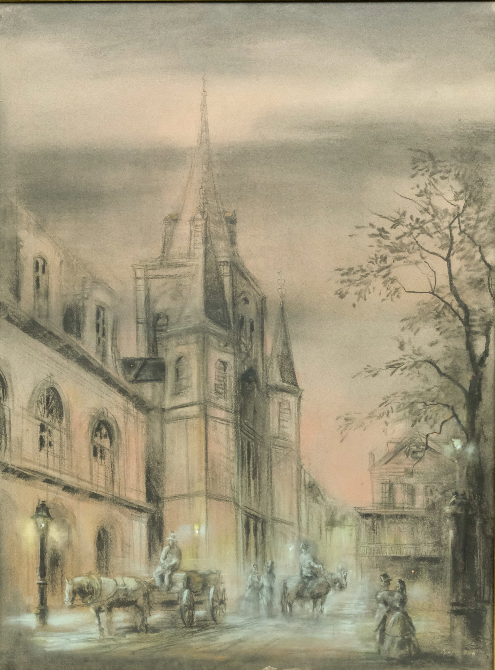 Harold "Napoleon" King, St. Louis Cathedral: Harold "Napoleon" King (New Orleans, 1940-2005), graphite and pastel on paper depicting the foggy street outside St. Louis Cathedral, signed l.r., 23 3/4" x 17 1/2" sight size, 25 3/4" x 19 3/4" frame