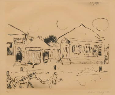 Marc Chagall, "Pokrovskaya in Vitebsk": Marc Chagall (Russian, 1887-1985), etching on paper depicting a village scene, a man running ahead of a horse while onlookers peer from their doorways, numbered "57/110" l.l., signed in pencil l.r., 7