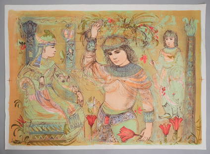 Edna Hibel, Three Egyptian Figures: Edna Hibel (American, 1917-2015), lithograph on paper depicting three figures in Egyptian dress, "Artist's Proof" l.l., signed l.r., 28 1/2" x 39 1/2" sheet size.