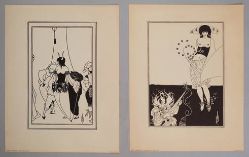 Aubrey Beardsley, Two Prints: After Aubrey Beardsley (English, 1872-1898), 20th century Art Nouveau lithograph on paper, 1) "Mask of Red Death" by Edgar Allan Poe, depicting a group of revelers, a female figure at center, horns pr