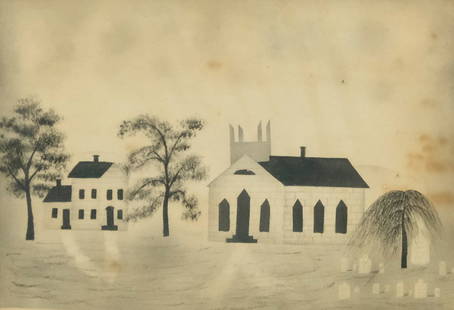 American School, Folk Art Landscape: American, 19th century black and white pen & ink drawing on paper depicting a village scene of a church by a cemetery, 4 3/4" x 7" image size, 8 1/4" x 10 1/4" framed.