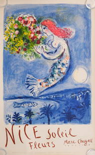 After Marc Chagall, "Nice Soleil Fleurs" (3): After Marc Chagall (Russian, 1887-1985), 1962, three lithographs on paper depicting a mermaid figure floating in the sky above the coast, printed by Mourlot, Paris, 39 1/4" x 24 1/4" sheet size.