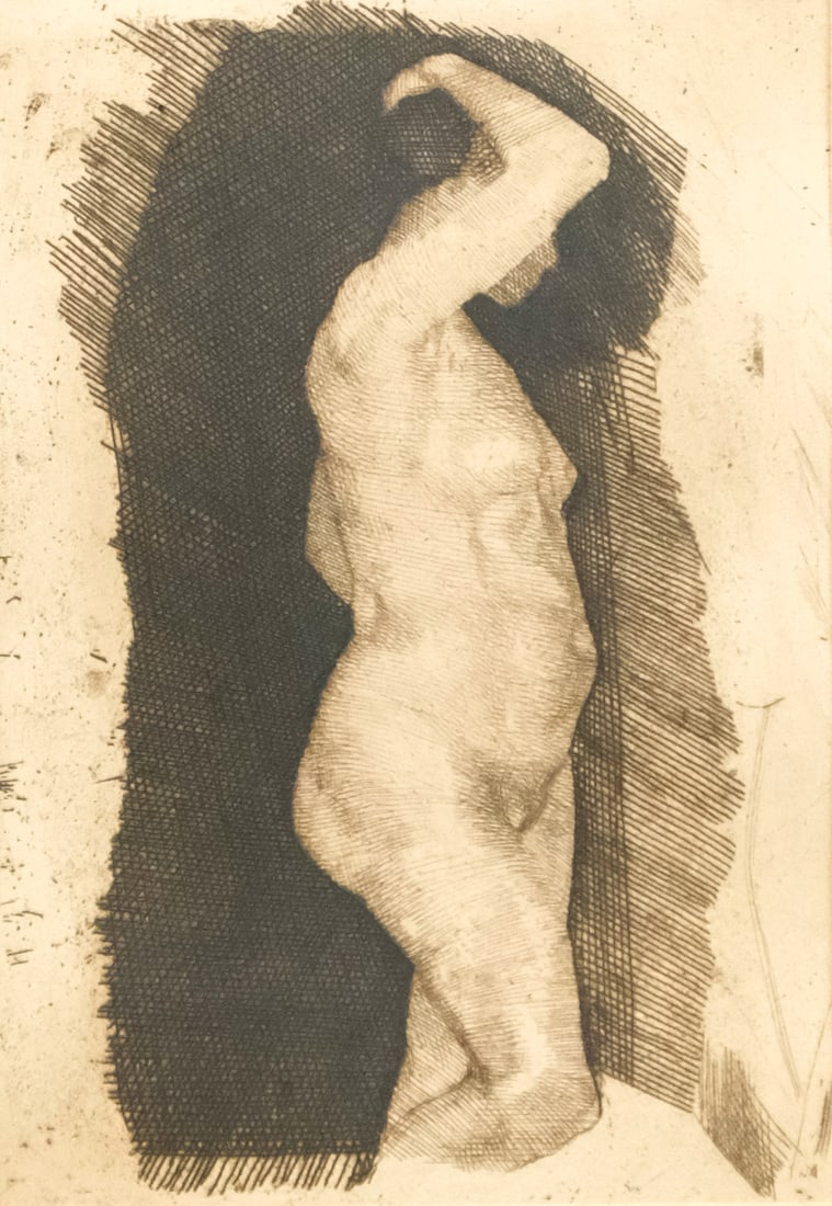 Kathe Kollwitz, Standing Nude Figure: Kathe Kollwitz (German, 1867-1945), lithograph depicting a standing female nude in black and white, 6 1/2" x 4 1/2" sight size, 10 3/4" x 8 3/4" framed.