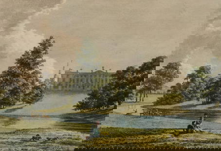 Thomas Hearne, "Corsham House, Wiltshire": Thomas Hearne (British, 1744-1817), 1781, hand-colored engraving of an English estate, 5" x 7 1/4" image size, 11 1/2" x 13" framed.