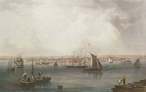 Charles Mottram, "Boston": Charles Mottram (British, 1807-1876), hand-colored engraving after John William Hill (American, 1812-1879) depicting the Boston Harbor, 20" x 31 1/2" image size, 32 1/2" x 43" framed.