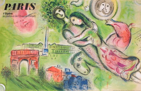 After Marc Chagall, "Romeo & Juliet" (3): After Marc Chagall (Russian, 1887-1985), 1964, three lithographs on paper depicting the titular couple embracing over the streets of Paris, printed by Mourlot, Paris, 25" x 39" sheet size.